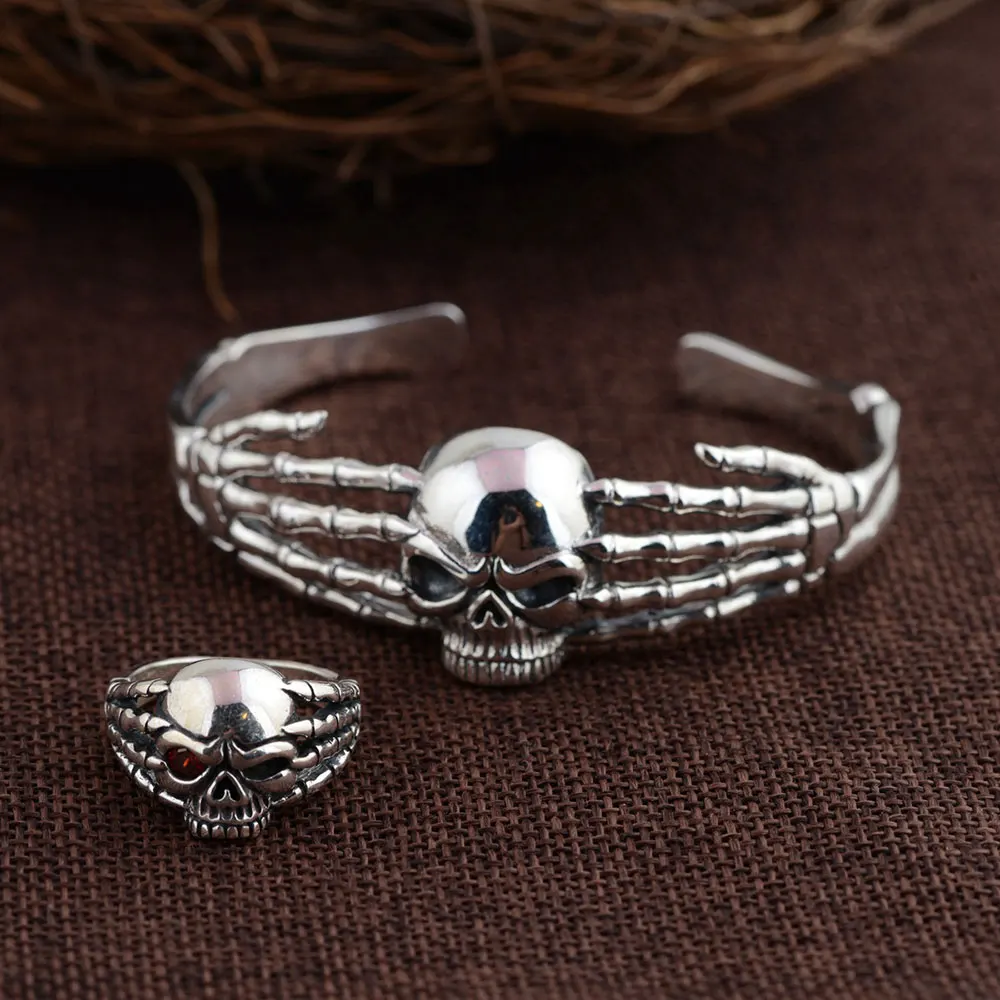 

925 Silver Skull Bangle Fashion Simple Vintage Punk Open Size Diameter 62mm 100% S925 Sterling Silver Bangles for Men Jewelry