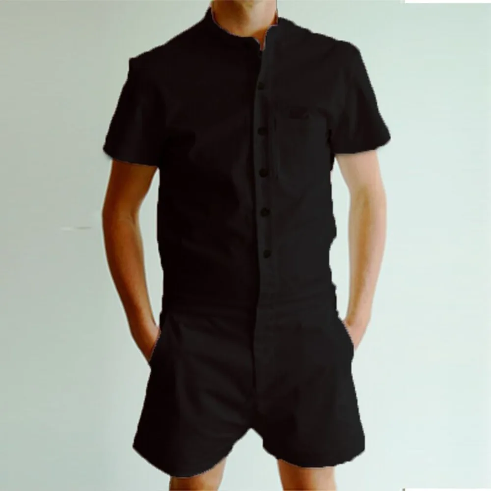 

Summer Fashion Short Sleeve Mens Rompers Male Single Breasted Jumpsuit Cargo Short Pants Boyfriend Zip Trousers Party Overalls