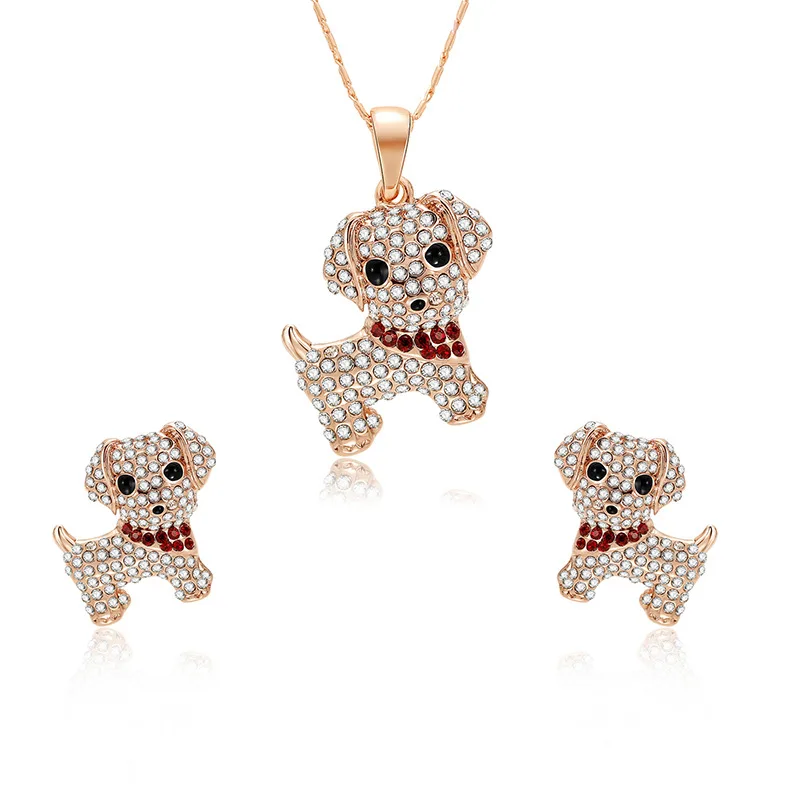 

HC Fashion Crystal Cartoon Animal Girls Kid Gift Earrings Necklace Jewelry Set Cute Lovely Little Dog Pendant Children Jewelry T