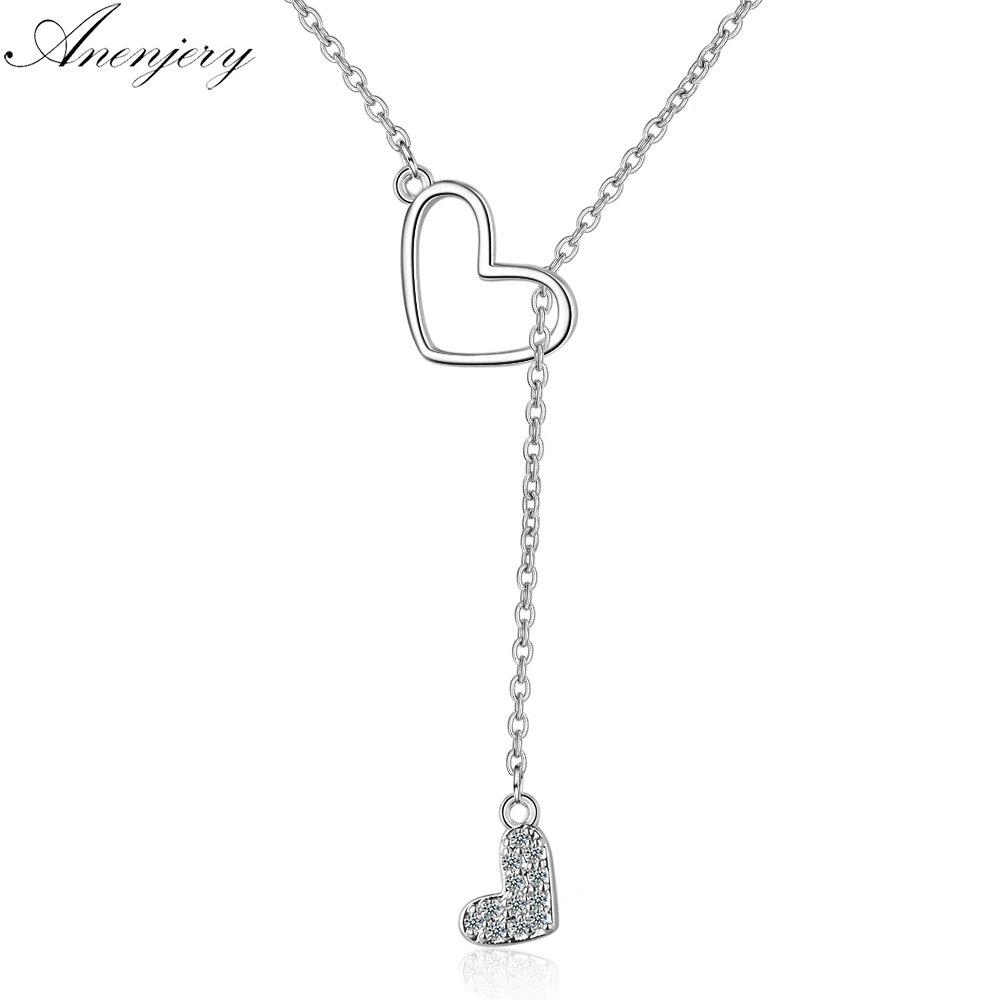 Anenjery Zircon Double Love Heart Adjustable Short Sweater Chain Necklace For Women 925 Sterling Silver Necklace S-N323