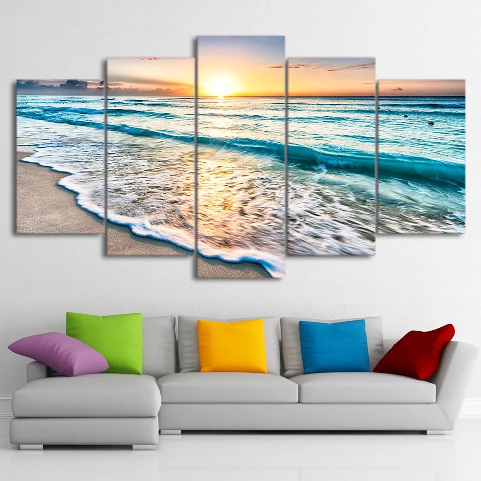 

Canvas Painting Wall Art Frame Home Decor Pictures 5 Pieces Seascape Sunset Beach Sea Wave Poster Living Room HD Printed PENGDA