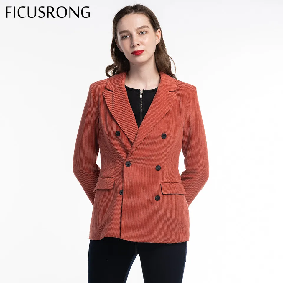 FICUSRONG New Autumn Women V Neck Slim Corduroy Blazer Coat Office Lady Fashion Coral Red Double Breasted Pocket Button Outwear