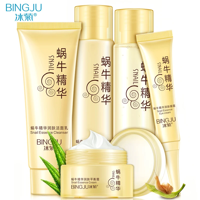 BINGJU 5 pcs Snail Face Skin Care Set Day Cream Essence Eye Cream Anti Aging Repair Whitening Moisture Nursing Facial Snail Set