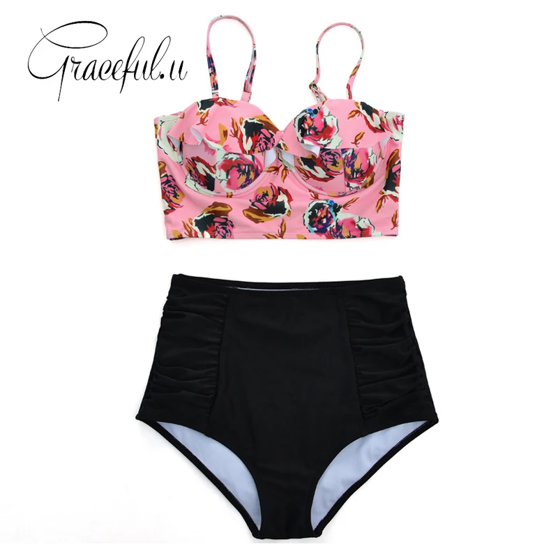 

Large Size Swimwear Push Up Ruffled High Waist Bikini 2017 Plus Size Swimsuit Floral Brazilian Biquinis Women's Swimming Suit