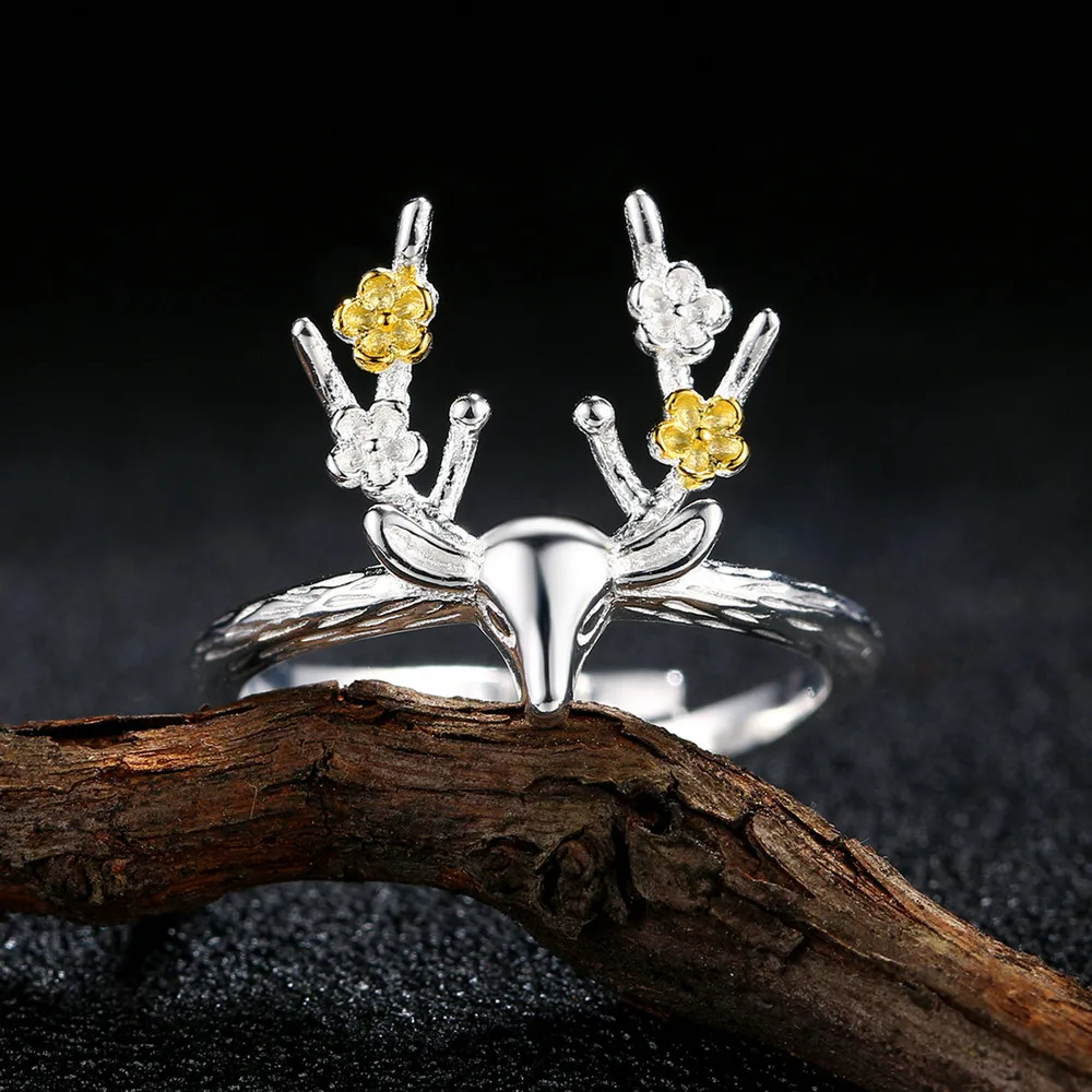 Double Fair Exquisite Plum antlers 100% 925 Sterling Silver Rings Adjustable Gold & Silver Two Colors Ring For Women DFRY064