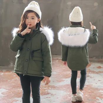 

3-11 years old Girls Winter coat Kids Faux Fur Collar Children Outwear Bow belt velvet thickening Army green long trench