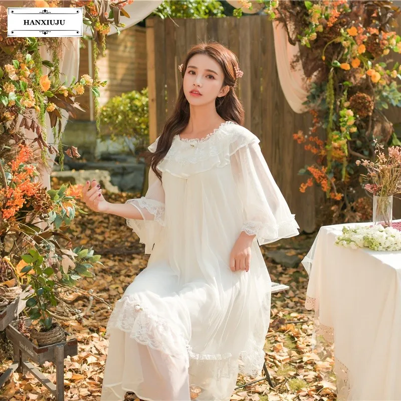 

2019 New Spring Autumn White Lace Vintage Women's Long Nightgowns Elegant Modal Sleepwear Princess Loose Night Dress 8175