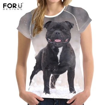 

FORUDESIGNS Casual Woman's Summer T Shirts Cute Dog Staffordshire Bull Terrier Printed O Neck T-shirts Brand Design Short Tees