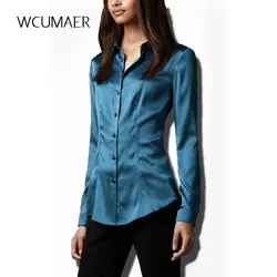 S-XXXL Дамская мода шелковый атлас блузка кнопка дамы шелковая блузка рубашка повседневные офисные Цвет: белый, черный, голубой Длинные