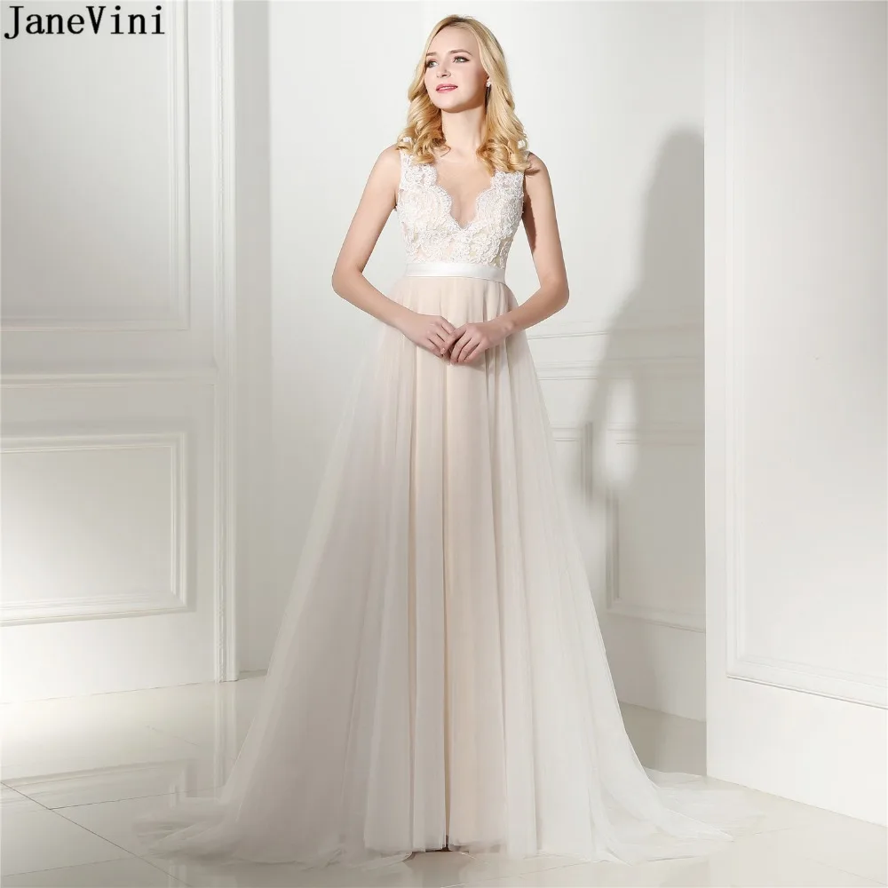 

JaneVini Champagne A Line Long Bridesmaid Dresses Sheer Scoop Neck Lace Appliques Pearls Button Back Chiffon Formal Prom Gowns