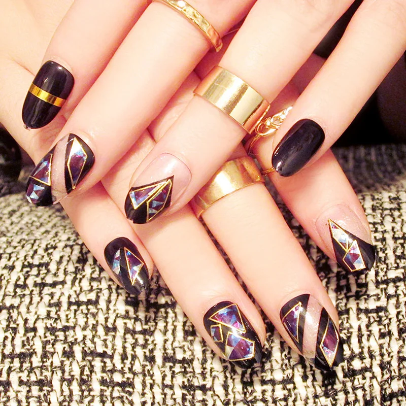 

Round black shell false nail patch Symphony fake nails finished 24 piece L9 phototherapy acrylic finger french nial
