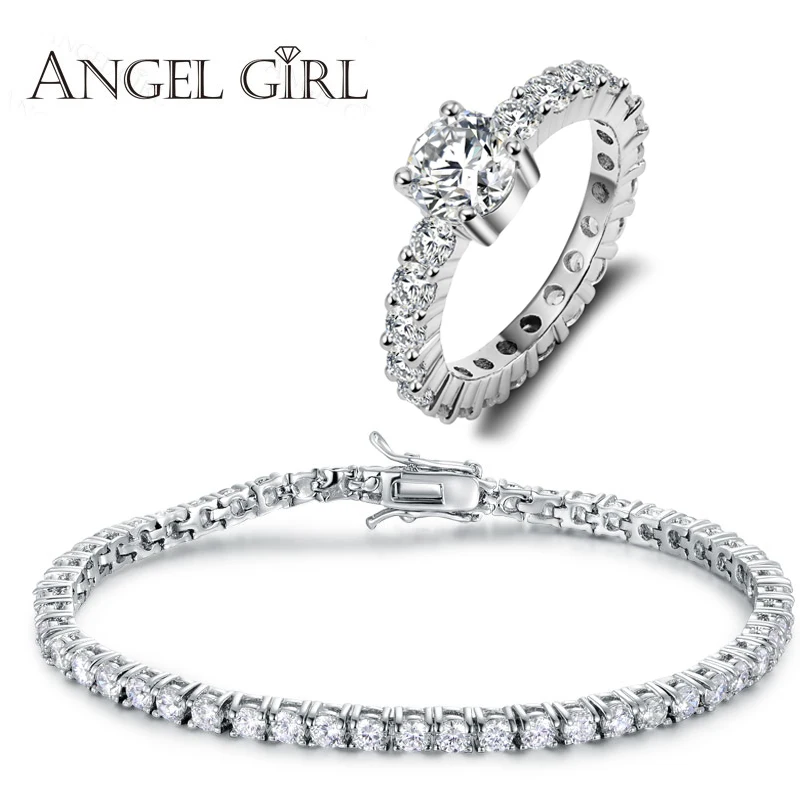 

Angel Girl Top Sale Jewelry White Gold Color 4 Prongs 3MM/4MM Tennis Bracelet & Ring With Clear Round Cubic Zircon Stone Gift