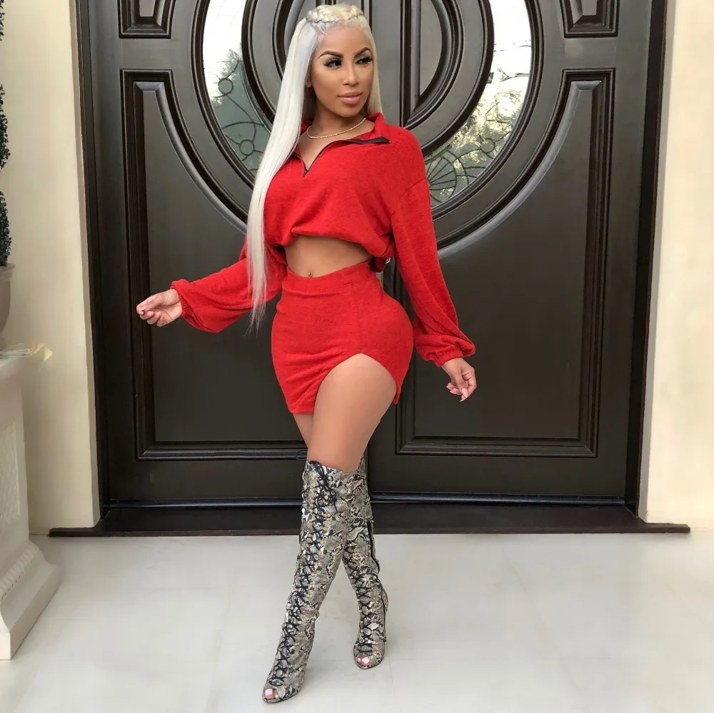 

Two Piece Set Skirt Women Sexy Turn-down Collar Zipper Long Sleeve Crop Top and Mini Split Skirt Night Club Suit Female Outfits