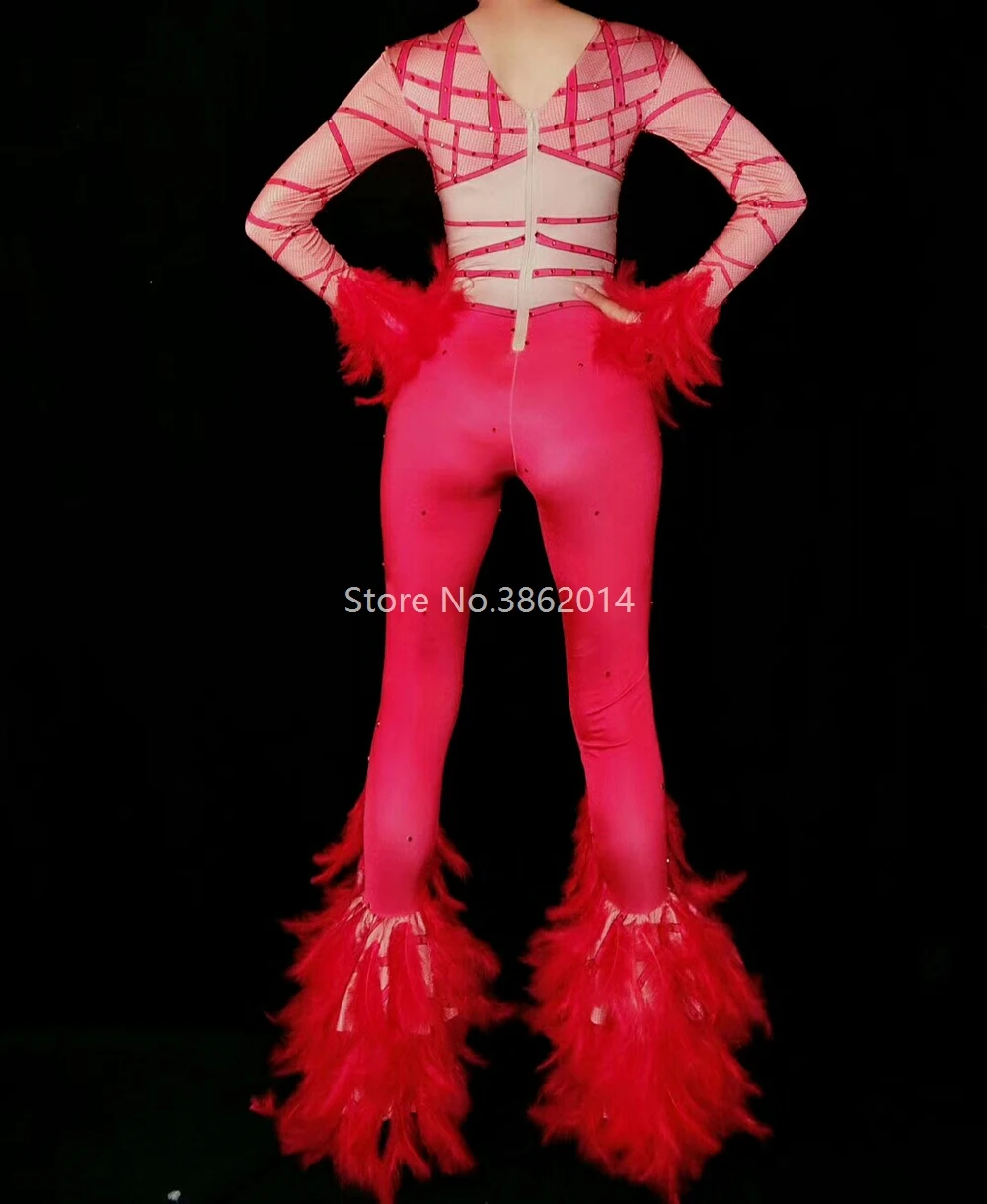 Красная клетчатая блестящая СТРАЗА комбинезон с изображением перьев женский певец танцор костюм сексуальный боди Ночной клуб наряд