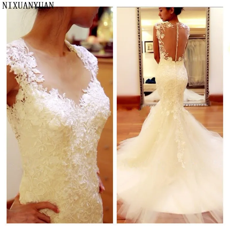 

Robe De Mariage See Through Back Lace Mermaid Wedding Dresses Fashion Court Train Floor Length Bride Gown Plus Size
