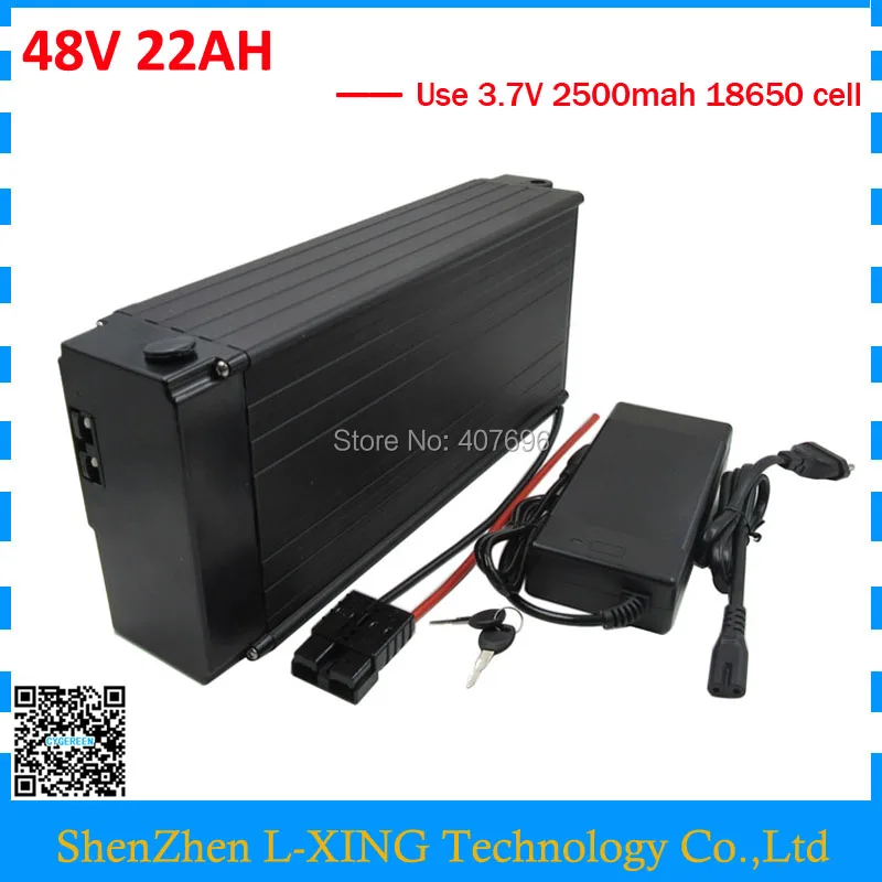 

Free customs fee 48v 22ah lithium battery 48V rear rack Black E-BIKE battery 22AH use 2500mah 18650 cell 30A BMS 2A Charger