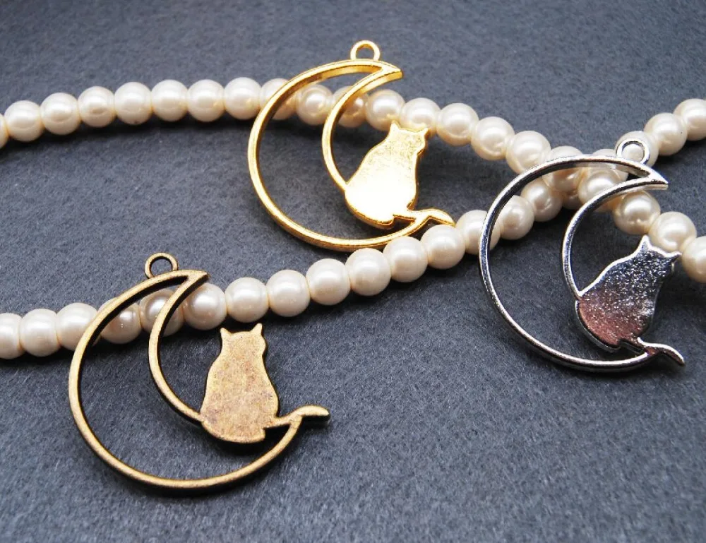 

3pcs/lot Metal Frame Pendant Open Bezel Blank Setting Charm Cabochon Setting moon cat Design For UV Resin Jewelry Charm craft