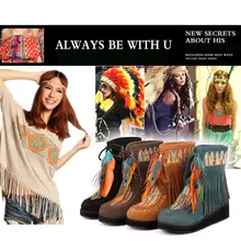 Indian Style Retro Fringe Boots Flock Chunky Feather Women Ankle Short Boots Tassels Big Size Shoes Plus Size 34-43 AA555
