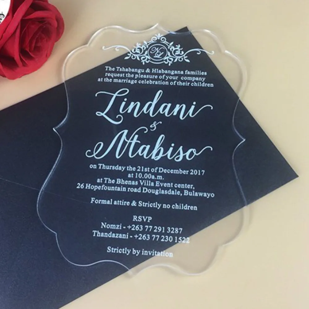 

50pcs/lot Latest Hot 2019 Wedding Card Design Custom Printing Acrylic Invitation Cards