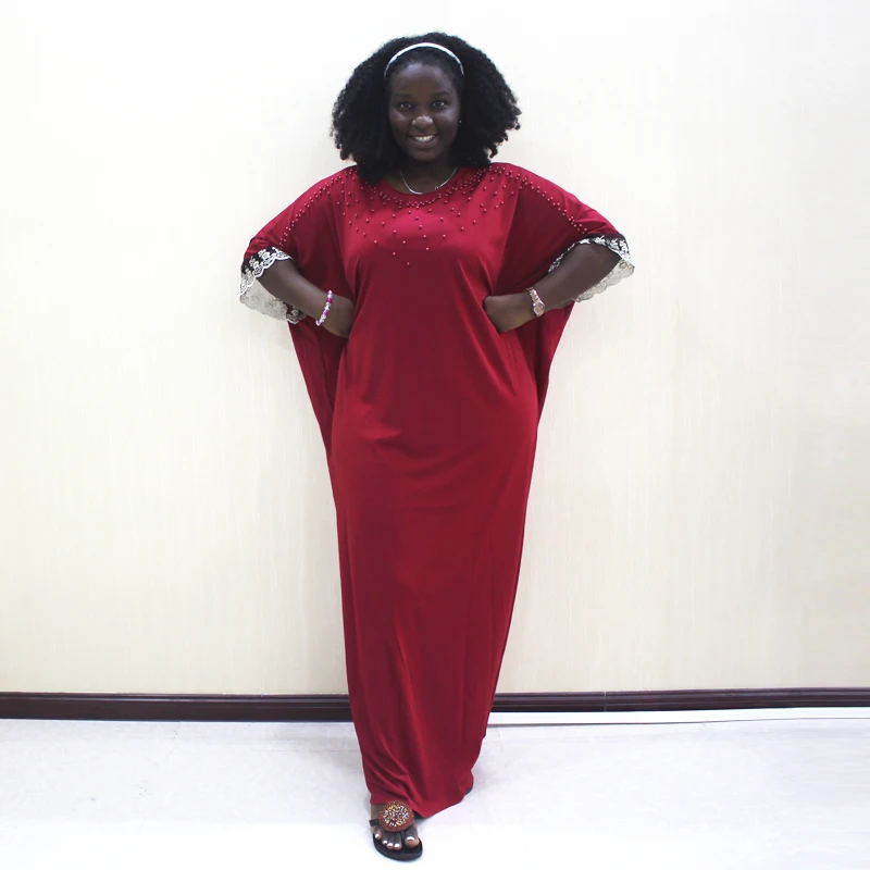 Жемчужные кружевные вечерние платья с коротким рукавом, элегантные длинные платья Дашики, африканские кружевные платья для женщин - Цвет: Красный