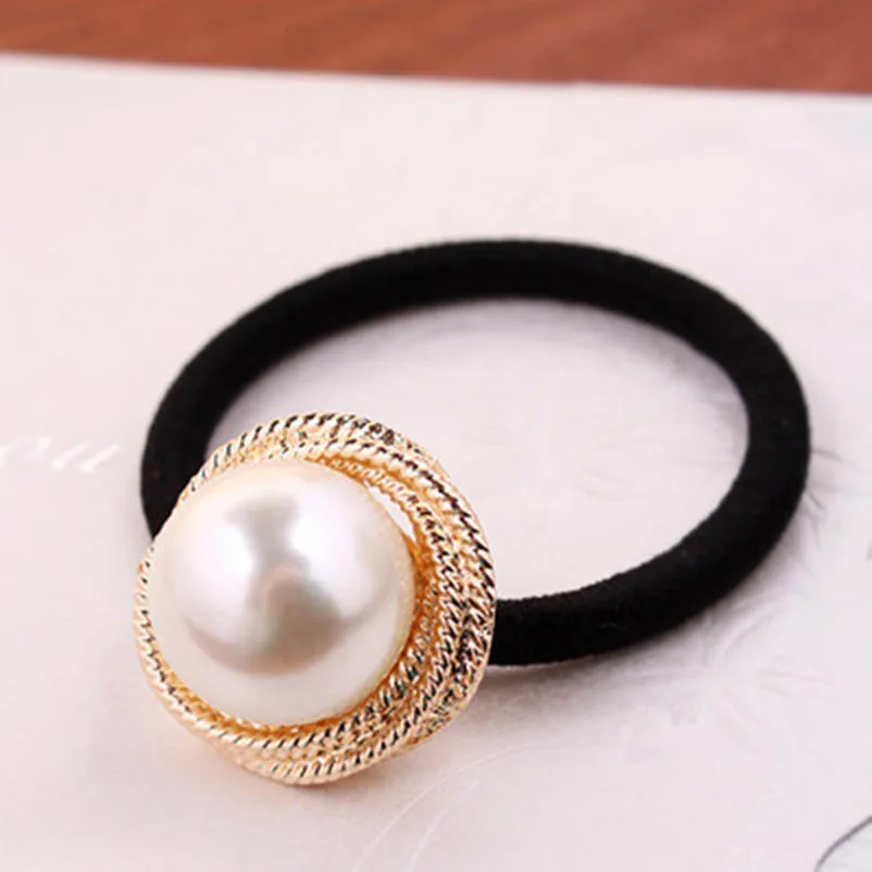 

Artificial Pearl Headwear Elastic Hair Bands Black Ropes Rubber Ponytail Holder Hair Accessories for Women