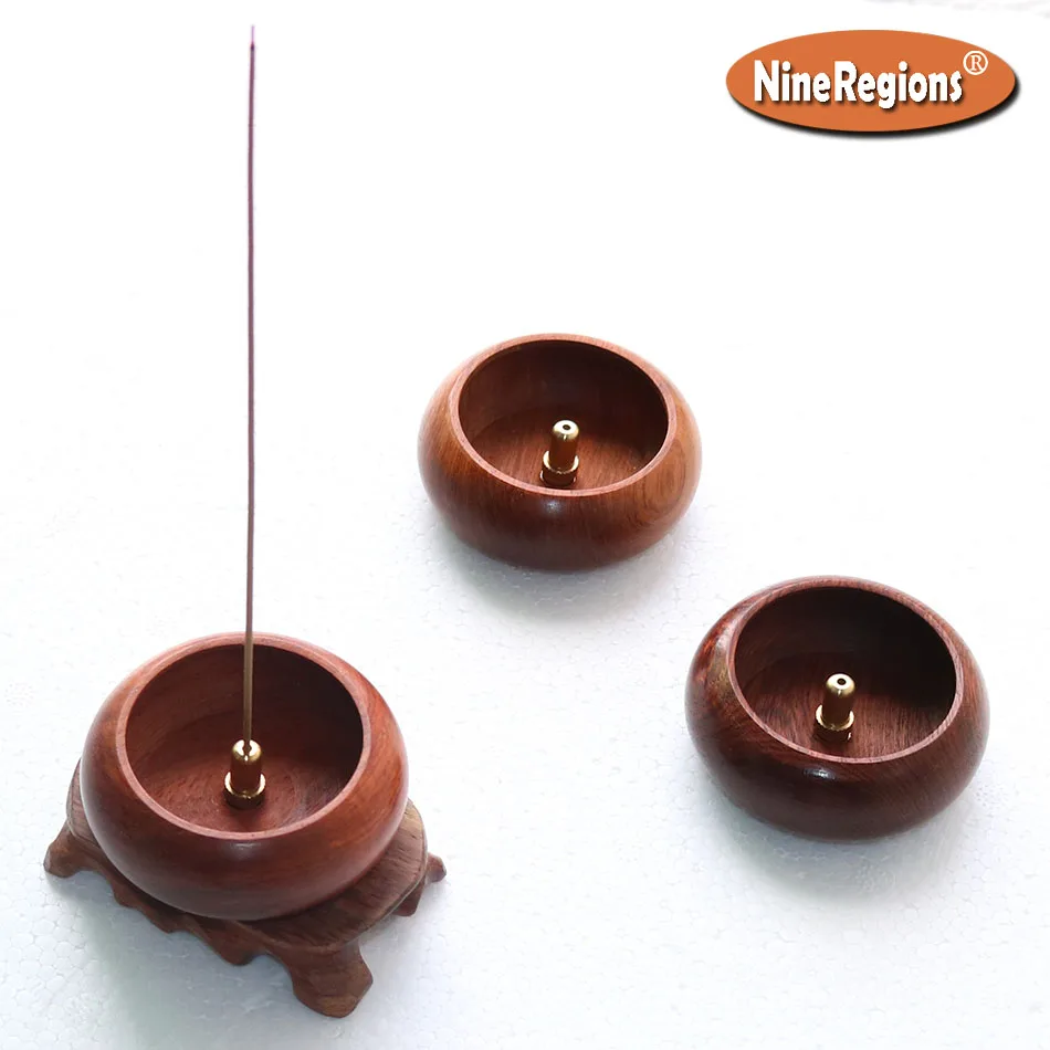 

wholesale Burma's rosewood burner for incense sticks with copper stand round wood incenso holder home porta incienso censer