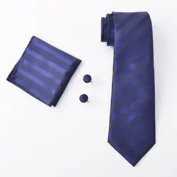 Мужские синий полосатый галстук полиэстер для мужчин Галстук Жаккард комплект галстуков с Hanky запонки для формальных и деловых встреч и