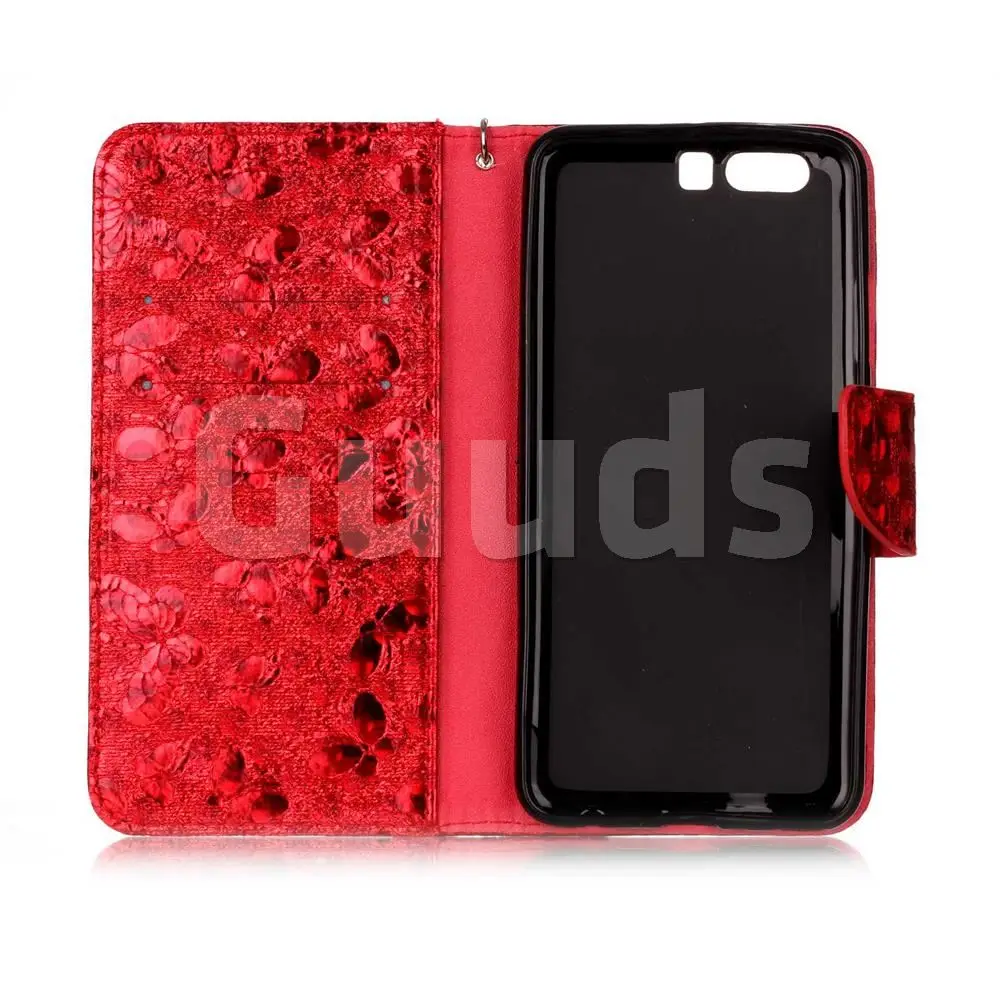 Luxury Laser Butterfly Optical Maser Leather Wallet Case for Huawei P10 Plus - Red
