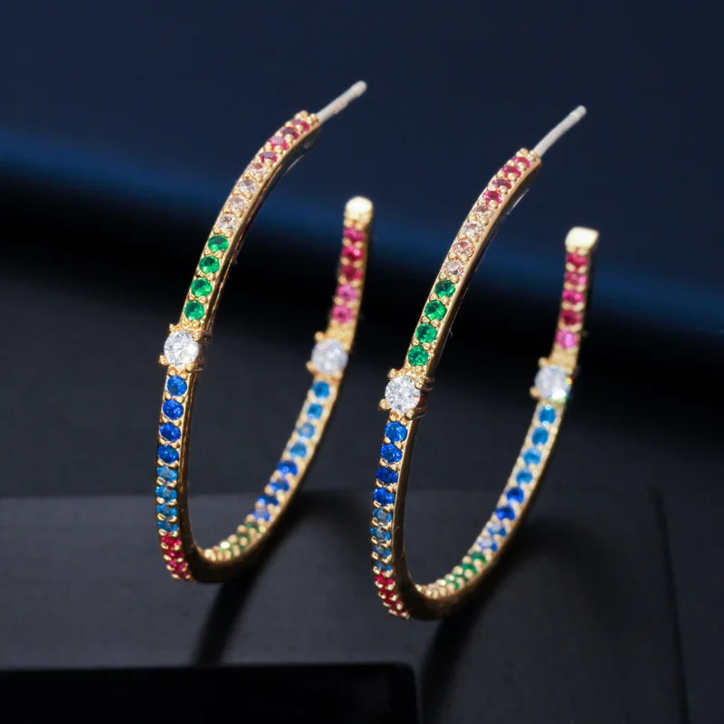Gold Colorful BeaQueen потрясающая леди мульти цвет кубический циркониевый Стерлинговое Серебро 925 ювелирные изделия Радужный цвет яркие большие круглые серьги-кольца E289 - Окраска металла: Gold Colorful