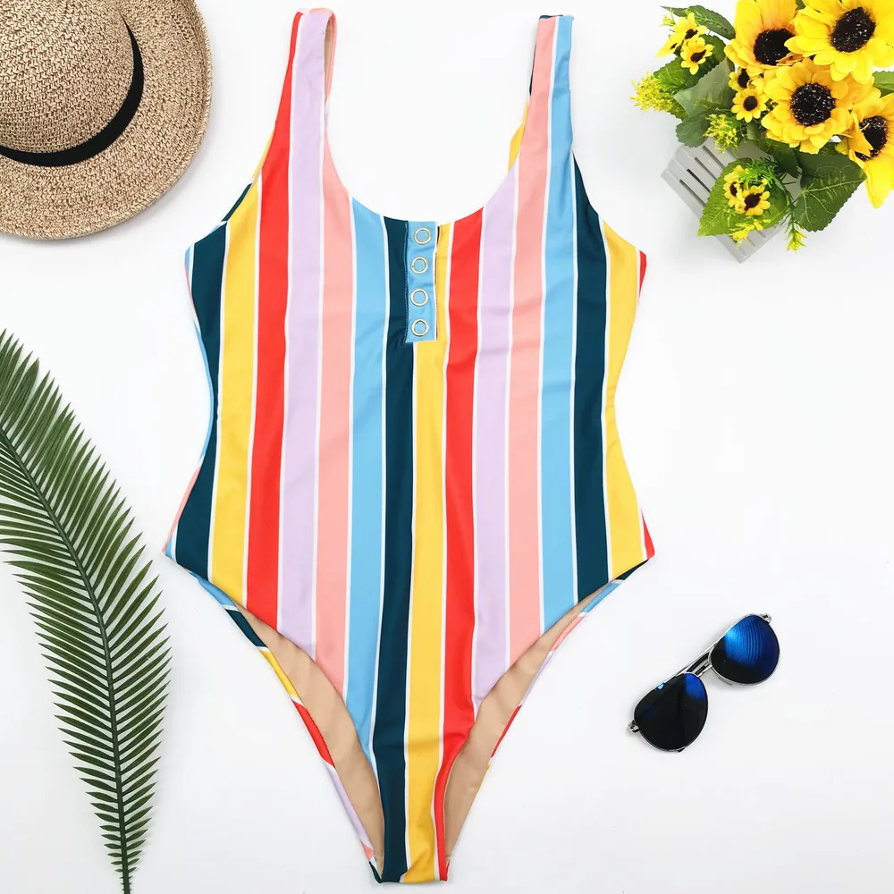 

Summer Swimwear Women Sling Backless One Piece Slim Swimsuit Vintage Retro Colorful Stripe Bathing Suits Bikini Padded Beachwear