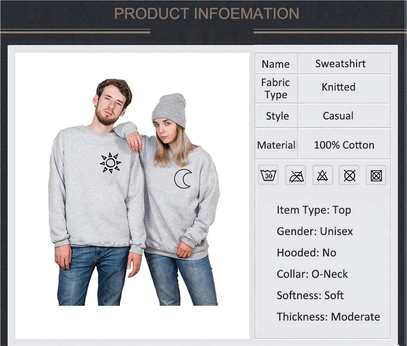 Новое поступление Пара Толстовка хлопок печать солнце и луна o-образным вырезом женские толстовки пуловер Повседневная Осенняя женская