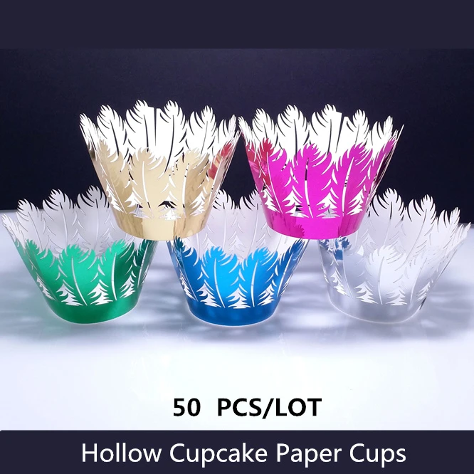 

50PCS/LOT High-grade Reflective Cookies Cupcake Paper Cups hollow-carved design Feather lace Tray Cake Mold Kitchen Accessories