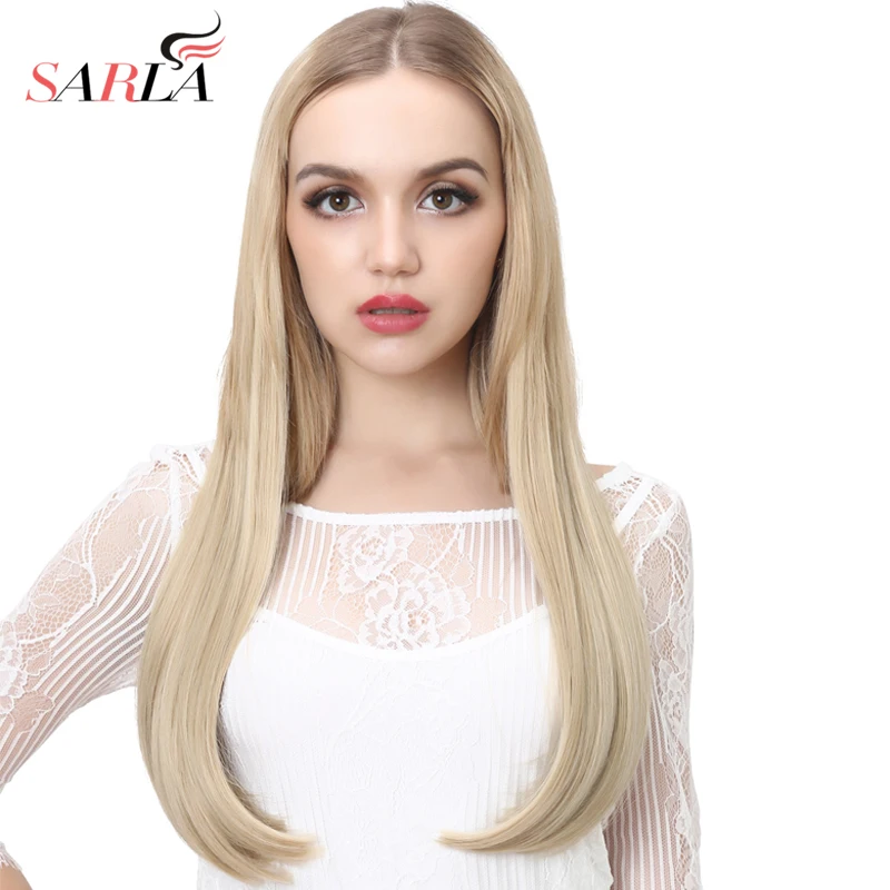 

SARLA 24" 60cm Long Straight U part Half Wig Synthetic Hair Wigs For Women High Temperature Fiber False Hair Clips Extesion UW03