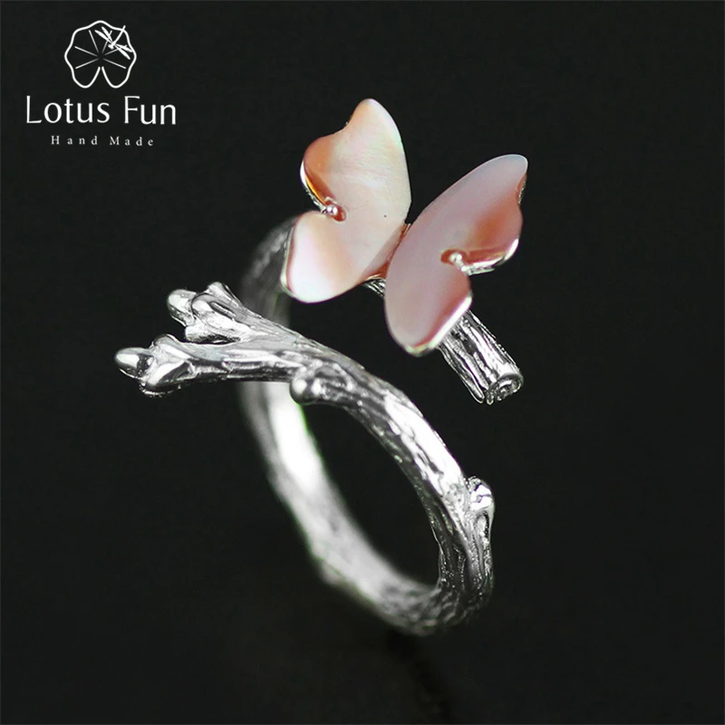 

Lotus Fun Real 925 Sterling Silver Natural Original Handmade Designer Fine Jewelry Cute Butterfly on Branch Female Rings Bijoux