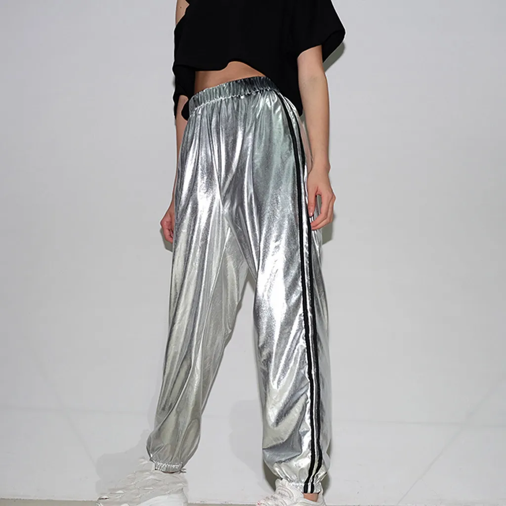 

Bright Leather Holographic Hip Hop Trousers Women Stripe Casual Streetwear Trousers With Pockets Laser Pants Pantalon Female