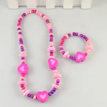 TopHanqi Прекрасный Сердце Ювелирные наборы для девочек красочные ожерелье из деревянных бусин браслет для детей детский день рождения ювелирные изделия подарок