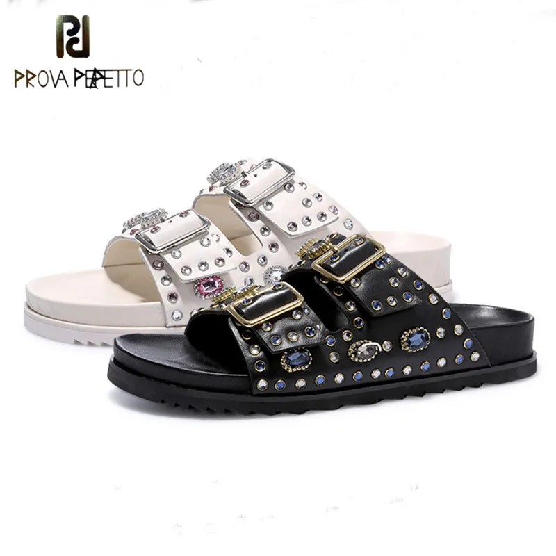 

Prova Perfetto Fashion Casual Woman Slippers Open Toe Rhinestone Diamond Rivet Thick Bottom Flat Sandals Women Gladiator Sandals