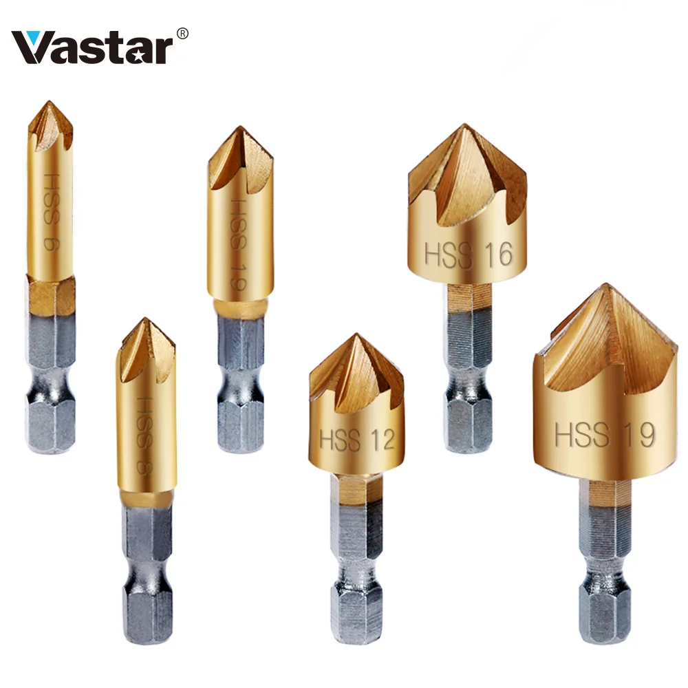 Vastar 6 шт. набор сверл для зенковки 1/4 ''шестигранный хвостовик HSS 5 Флейта Зенковка 90 градусов по дереву Фаска резак 6 мм-19 мм