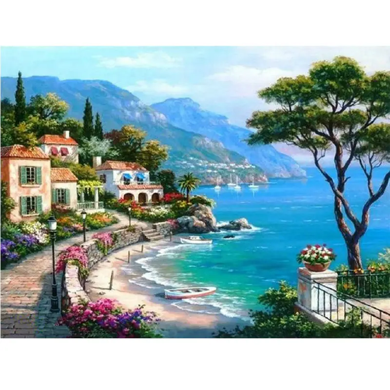 Needlework Diy Diamond Embroidery Seaside Villa Full Square Drill Natural Scenery Diamond Painting Cross Stitch Mosaic Picture