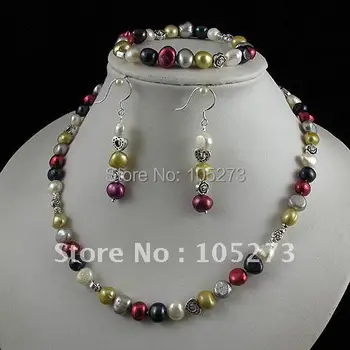 

Stunning!jewelry set AA8-9mm mixes Genuine freshwater pearl & silvers necklace bracelet earring Hot sale free shipping A2414
