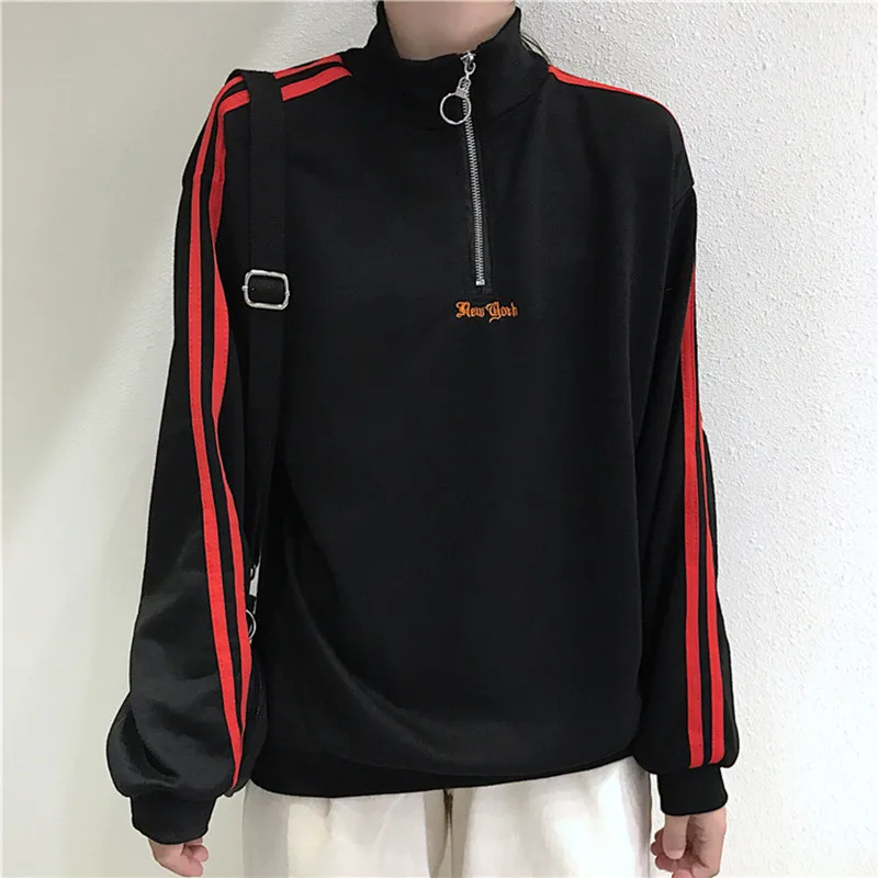 

Classical Two Red Line Sport Casual Hoodies Women Zip-Close Collar Cotton Blend Sweatshirts Breathable Pullover Embroidery Coat