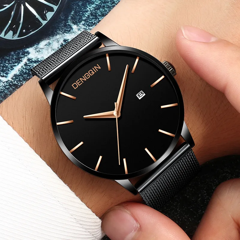 

Men Watch 2019 Brand Stainless Steel Slim Waterproof Clock Fashion Analog Week Calendar Quartz Business Male Wristwatches