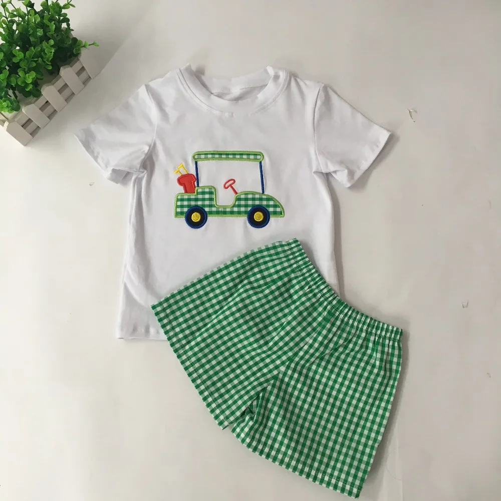 

Puresun New Arrival Summer Outfit Boy Set High Quality Embroidery T-shirt Match Green Gingham Shorts Boy Boutique Clothes