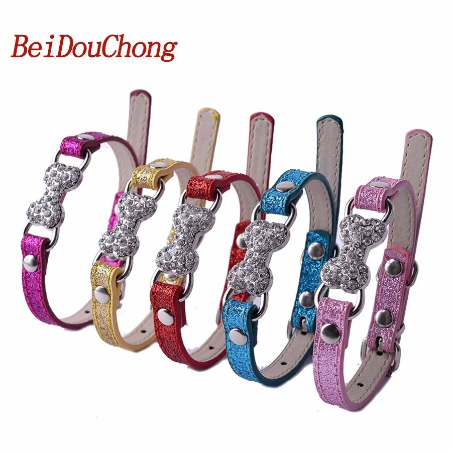 Wholesale Glitter Pu Leather Dog Collars Rhinestones Bone Accessory Pet Puppy Neck Strap For