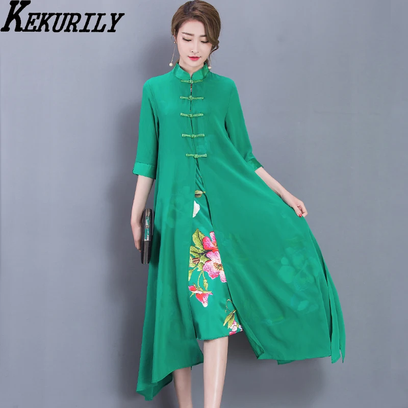 

Trendy dresses 2018 Chinese vintage silk women summer plus size runway trend elegant midi party dress print floral green clothes