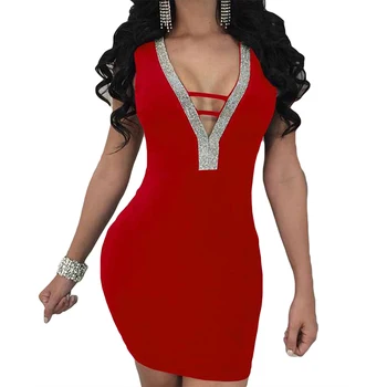 

2020 New Red Blue Women Sexy Bandage Dress Sleeveless V Neck Bakcless Sequins Bodycon Vestidos Celebrity Mini Party Dress