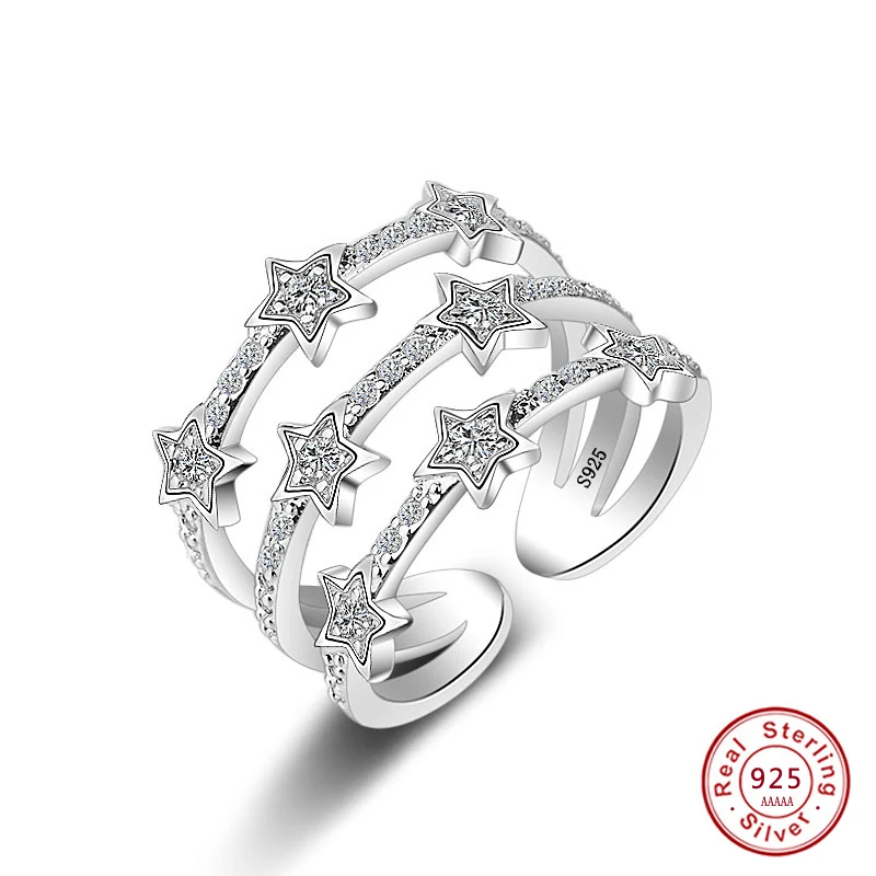 

Wholesale Three Layers Zircon stars Adjustable Ring For Women girl CZ Crystal 925 sterling silver ring Band Jewelry party gift