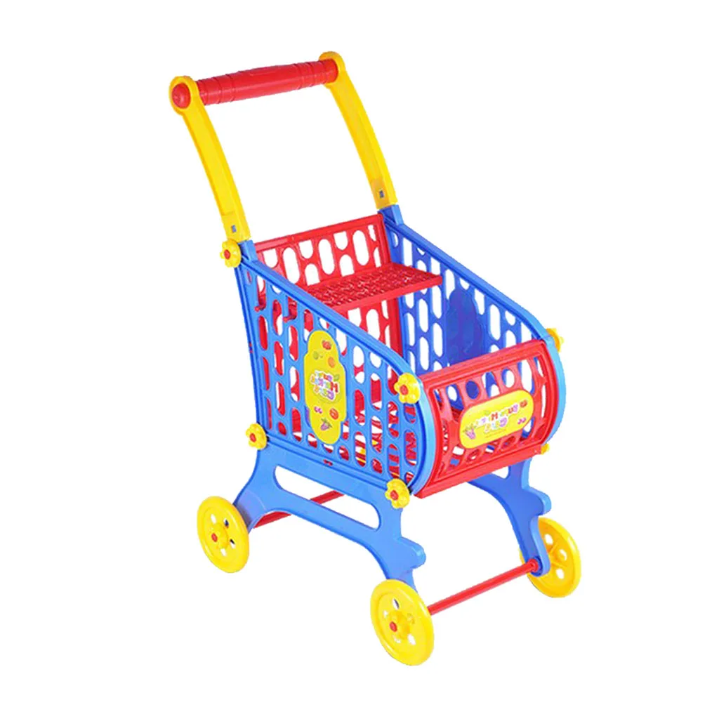 Mini Plastic Supermarket Shopping Cart Basket, Kids Toddler Role Pretend Play Toy Fancy Children Birthday Gift - 25x36x52cm
