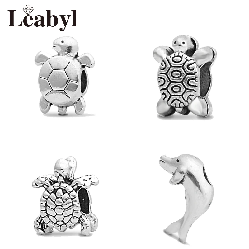 

4 Pcs/Lot Vintage Silver Ocean Animal Charm Pandora Bead fit Bracelet Bangle Necklace Turtle Dolphin DIY Jewelry Making Gift