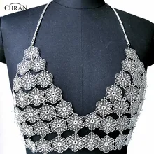 Chran Flower Chain Bra Bralete Disco Party Crop Top Beach Chainmail Cover Up Ibiza Harness Necklace EDM Festival Jewelry CRS223 chran gem bead crop top chainmail rave bra black chain shoulder necklace ibiza sonar wear edm outfit body jewelry chain crn2801